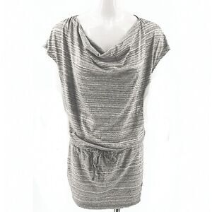 LOFT Gray Striped Cotton Tunic Top Cowl Neck Cap Sleeve Drawstring Waist Small